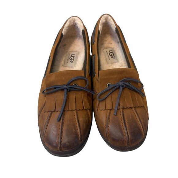 UGG Haylie Brown Leather Sherpa Lined Duck Boot Loafers Women's size 8 - Picture 4 of 9